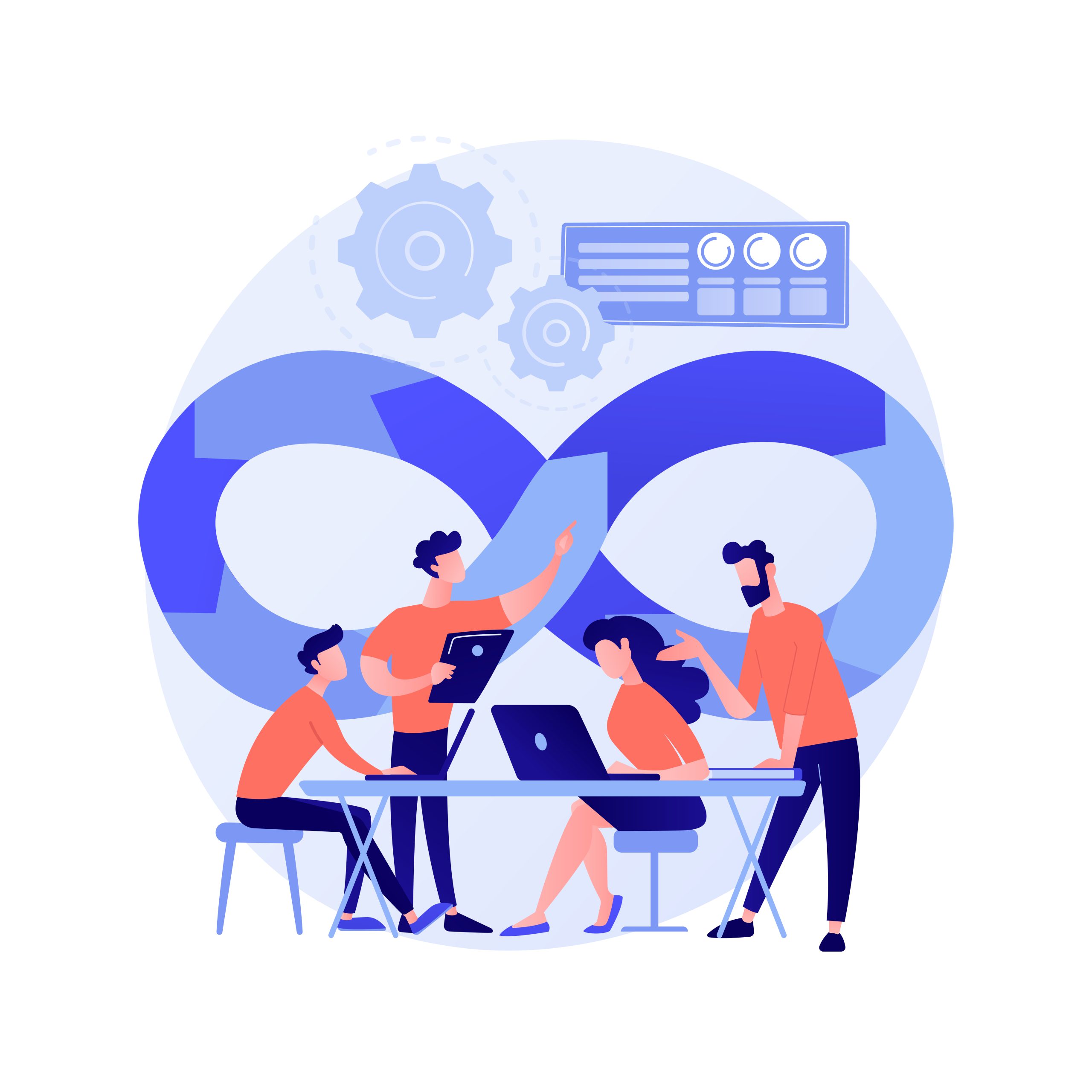 DevOps team abstract concept vector illustration. DevOps team abstract concept vector illustration. Software development team member, agile workflow, DevOps team model, IT teamwork, project management, integrated practice abstract metaphor.